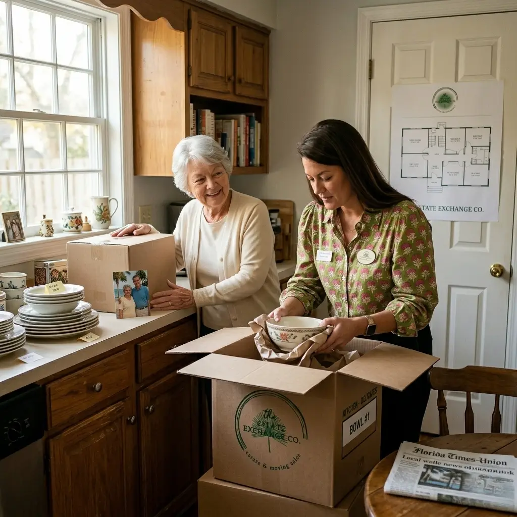 A documentary-style photograph illustrating a 'Support for Executors & Families' consultation by The Estate Exchange Co.