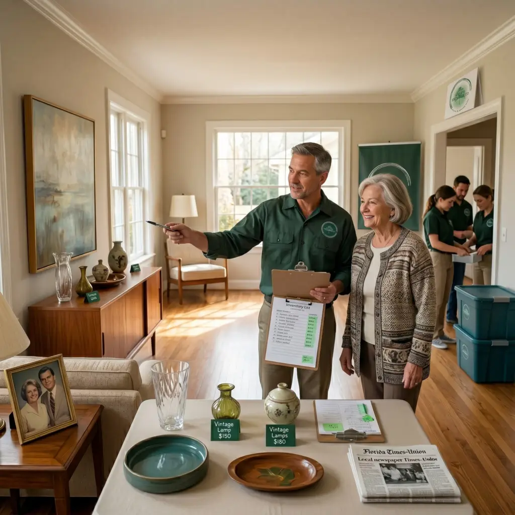 A professional estate sale consultant in a green uniform showing an inventory list to an elderly woman in a well-lit living room filled with vintage furniture and decor.