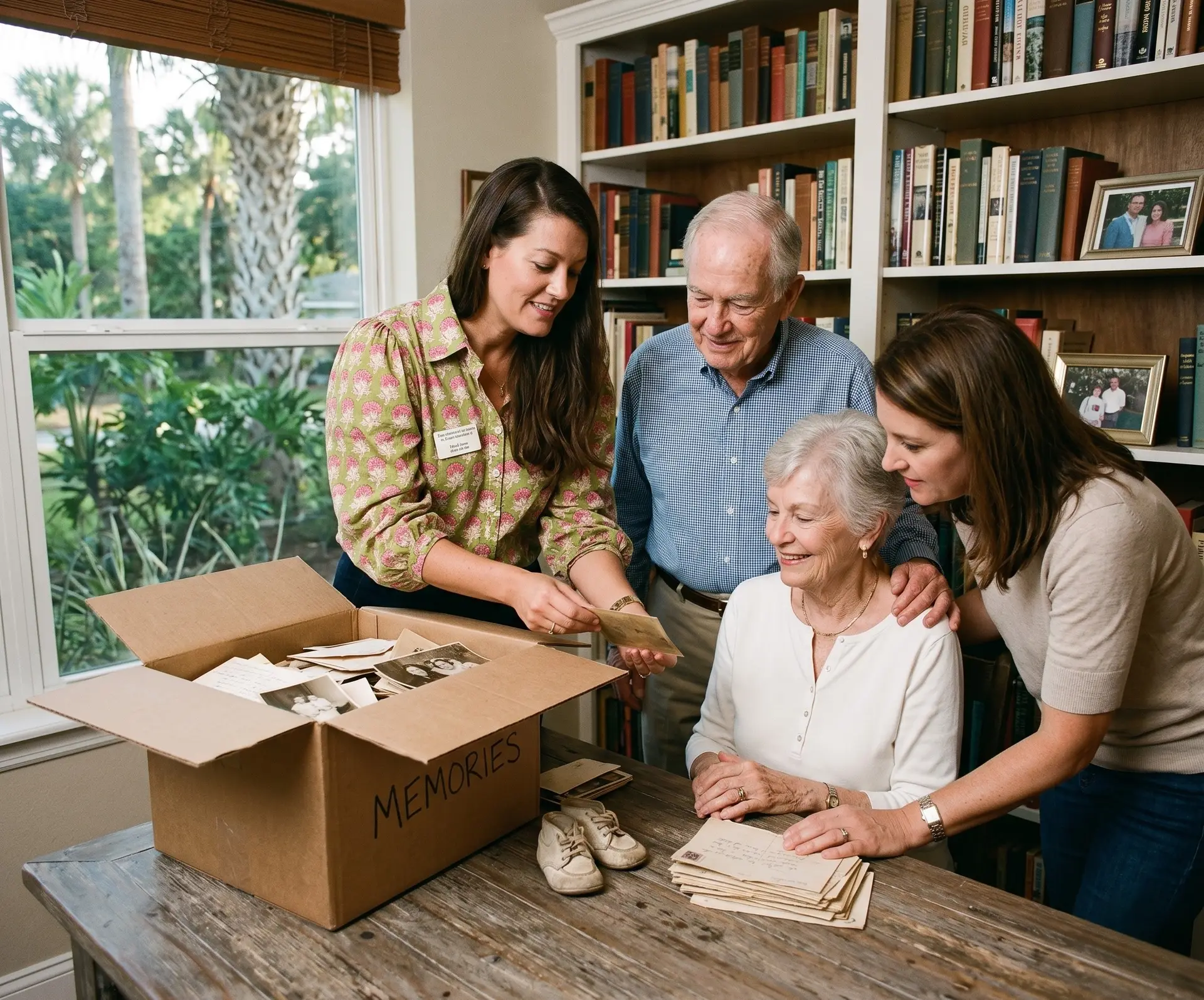 The team is grouped around a central table with a 'TEAM 2026' sign and valuation tools, illustrative of their comprehensive services for families and seniors.