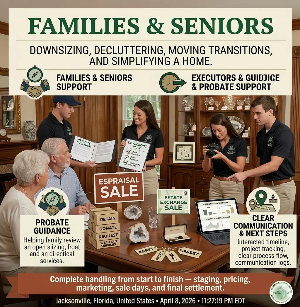 An informational graphic for The Estate Exchange Co. titled "FAMILIES & SENIORS," detailing their full-service support for downsizing, decluttering, and moving transitions.