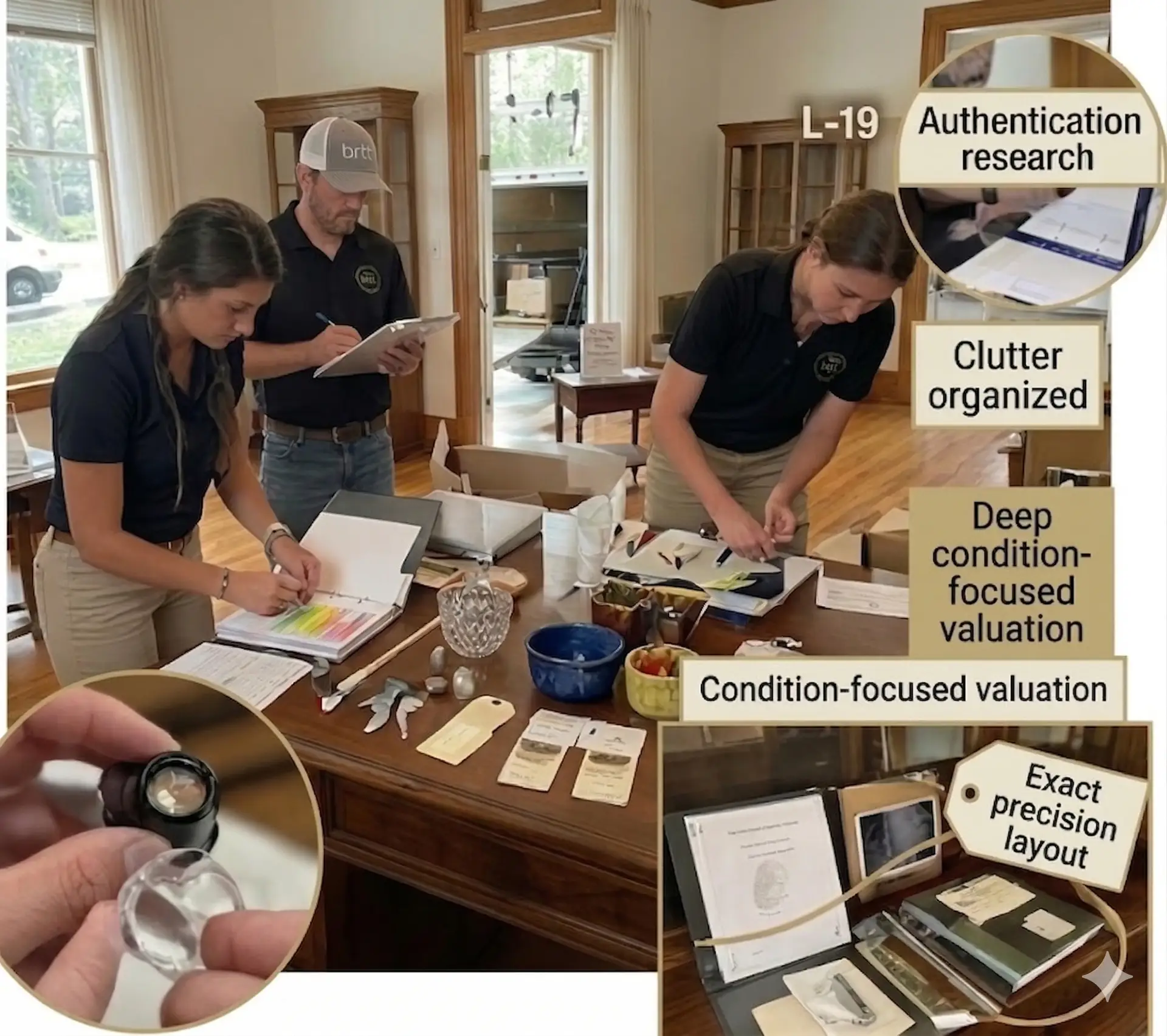 team members performing research and condition-focused valuation in a cluttered home.