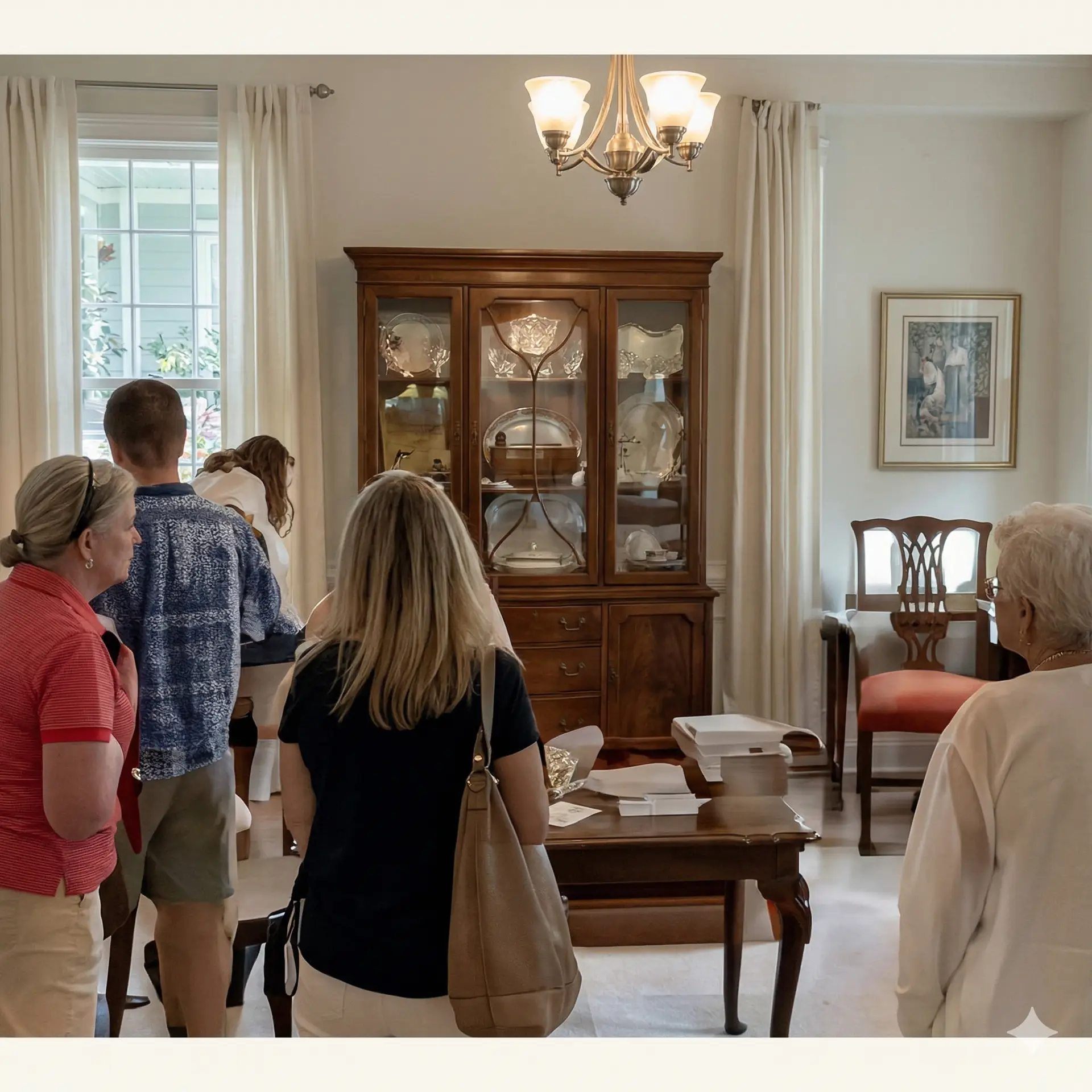 A busy estate sale hosted by The Estate Exchange Co., showing shoppers browsing through a formal dining room with antique furniture and a large wooden hutch.