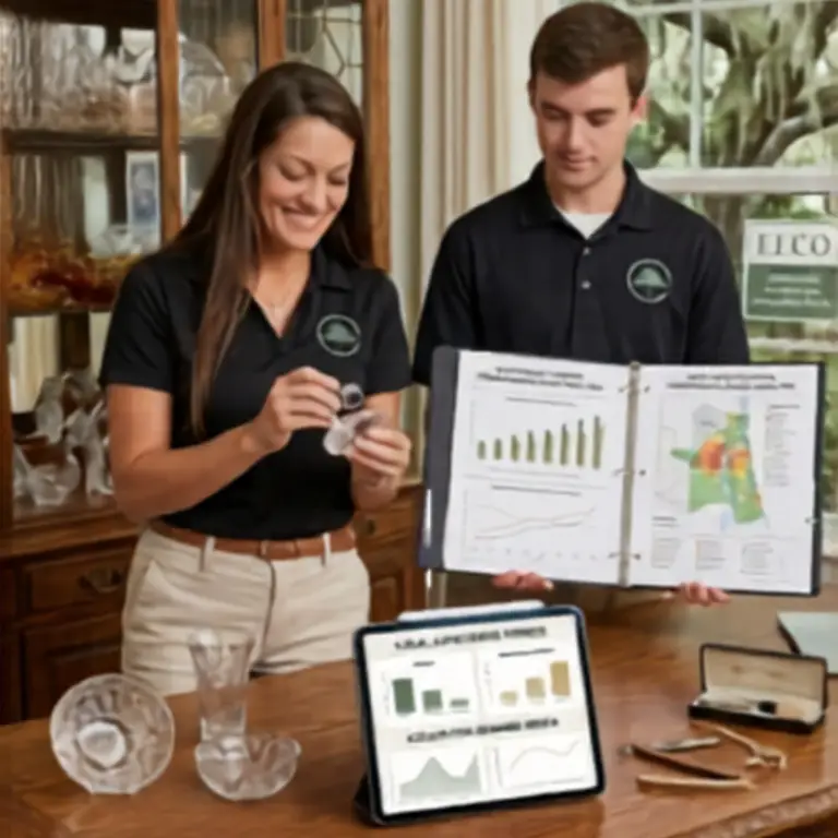 A professional woman and man reviewing a strategic marketing analysis binder and digital tablet displays featuring bar charts and maps, surrounded by estate items like glassware and jewelry.