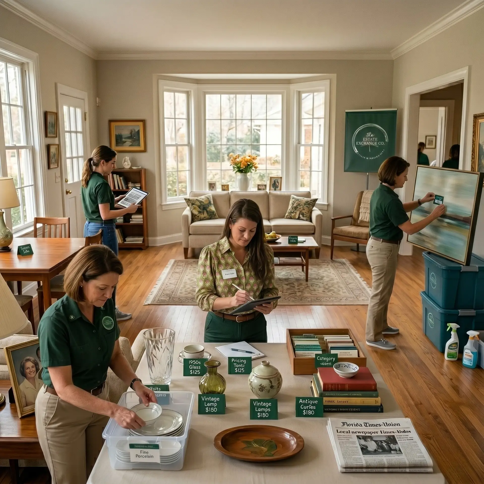 An updated photograph of an on-site estate sale setup by The Estate Exchange Co., showing a simplified background after the removal of team members moving furniture.