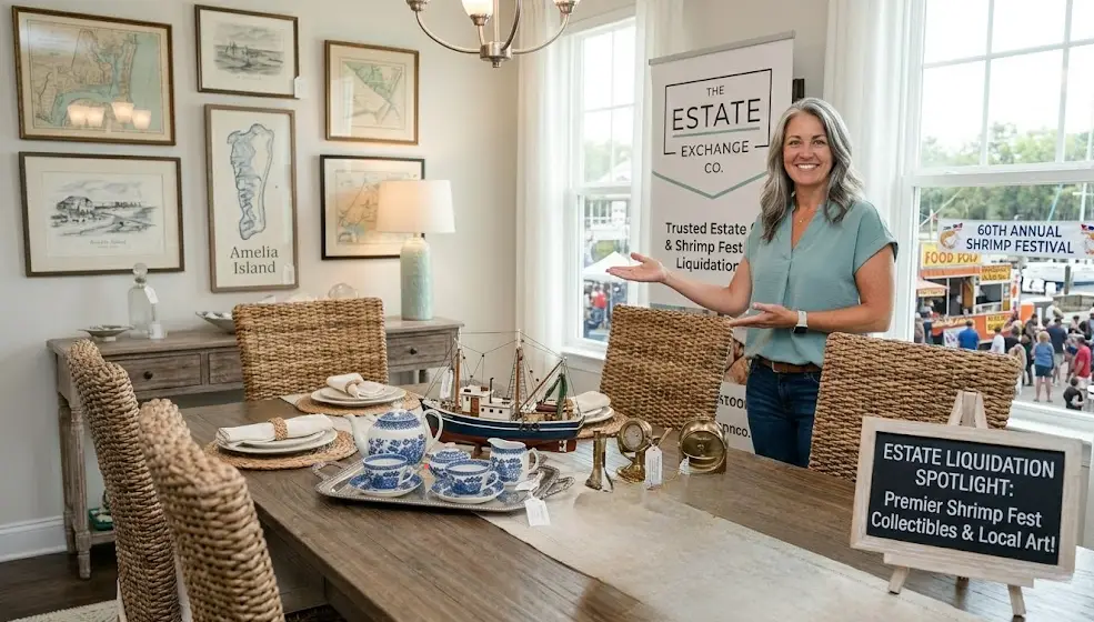 Local estate liquidator showcasing coastal heirlooms, nautical decor, and local art on a dining table overlooking the Amelia Island Shrimp Festival in Fernandina Beach, FL.