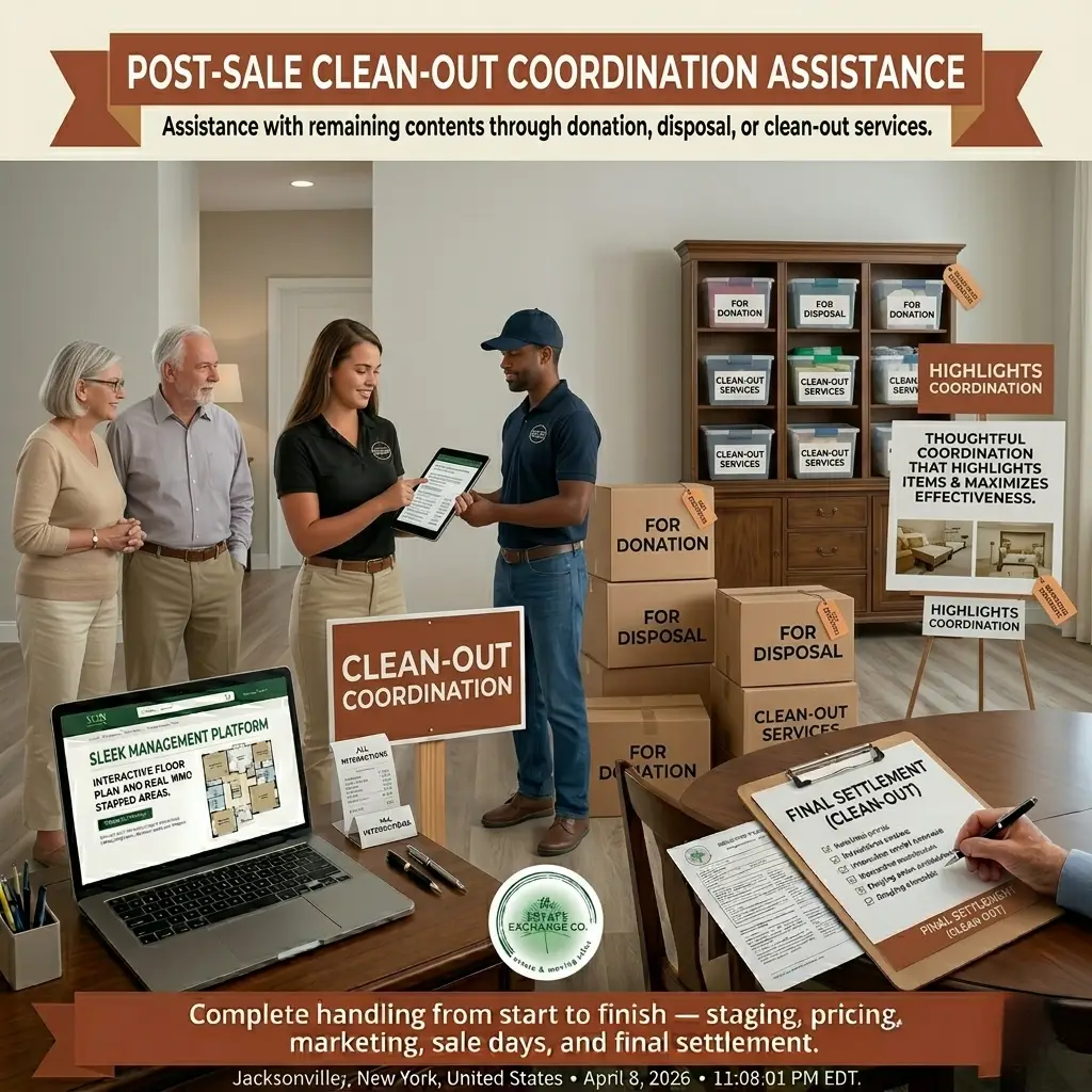 An informational graphic for The Estate Exchange Co. titled "POST-SALE CLEAN-OUT COORDINATION ASSISTANCE," showing a professional team helping a senior couple organize boxes labeled for donation, disposal, and clean-out services using a digital management platform.